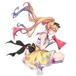 1girl animal_ears back_bow bang_dream! bang_dream!_yumemita black_bow blonde_hair blue_hair bow cat_ears colored_tips fake_animal_ears floating_hair full_body highres kanade_(kanade_3344) logo long_hair multicolored_hair nakamachi_arale pink_hair shirt shoes simple_background skirt sleeveless sleeveless_shirt solo twintails virtual_youtuber white_background white_shirt white_shoes yellow_skirt 
