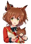  1girl absurdres animal_ears aston_machan_(flare)_(umamusume) aston_machan_(umamusume) black_bow black_bowtie blush bow bowtie breasts brown_hair character_doll collared_shirt commentary_request crown doll green_eyes highres himura_moritaka holding holding_doll horse_ears horse_girl jacket large_breasts long_sleeves looking_at_viewer mini_crown red_nails red_sash red_scrunchie red_sleeves sash scrunchie shirt shoulder_sash simple_background smile solo textless_version tilted_headwear umamusume upper_body white_background white_jacket white_shirt 