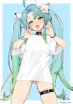  1girl ahoge artist_name ass_visible_through_thighs azur_lane belt blue_background blue_hair bracelet commentary_request commission cosplay double_v flower gradient_hair green_eyes green_hair hair_flower hair_ornament hair_ribbon hands_up highres jewelry mogador_(azur_lane) mogador_(azur_lane)_(cosplay) mogador_(locker_room_lechery)_(azur_lane) multicolored_hair oregano_(olgn_eao) ozornoy_(azur_lane) parted_bangs ribbon shirt short_sleeves signature simple_background solo star-shaped_pupils star_(symbol) symbol-shaped_pupils thigh_belt thigh_strap twintails v white_flower white_ribbon white_shirt 