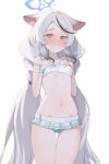  1girl absurdres animal_ears ass_visible_through_thighs bare_arms bare_shoulders bikini bikini_skirt bikini_top_lift blue_archive blue_bikini blue_halo blush braid clenched_teeth clothes_lift commentary_request flat_chest forehead grey_hair halo hand_on_own_chest highres kokona_(blue_archive) kokona_(swimsuit)_(blue_archive) light_areolae long_hair multicolored_bikini navel official_alternate_costume official_alternate_hairstyle partial_commentary plaid_bikini plaid_clothes sainarohh solo stomach swimsuit teeth thigh_gap twin_braids two-tone_bikini very_long_hair white_bikini 