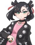  1girl asymmetrical_bangs black_collar black_hair black_jacket black_nails closed_mouth collar collarbone commentary_request dress dusk_ball earrings eyelashes green_eyes hair_ribbon highres holding holding_poke_ball jacket jewelry long_sleeves marnie_(pokemon) medium_hair nail_polish open_clothes open_jacket pink_dress poke_ball pokemon pokemon_sword_and_shield red_ribbon ribbon ryokukoucha simple_background solo two_side_up white_background 