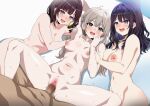  1boy 3girls :d arm_up armpits blonde_hair blue_eyes blush breasts brown_hair censored collarbone colored_inner_hair commentary completely_nude dot_nose feet_out_of_frame fuyumi_kazuki green_eyes grey_hair hair_between_eyes hair_ornament hairclip hanazono_sayaka hand_up heavy_breathing hetero highres holoan hololive izuki_michiru kazeshiro_yuki long_hair looking_at_another looking_at_viewer lying medium_breasts missionary mosaic_censoring motion_lines multicolored_hair multiple_girls navel nipples nude on_back on_side open_mouth purple_eyes purple_hair pussy raised_inner_eyebrows sex simple_background smile speed_lines spread_legs sweat teeth two-tone_hair upper_teeth_only vaginal virtual_youtuber white_background 
