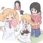  >_< +++ 2girls animal black_cat black_eyes black_hair blonde_hair blue_eyes blush brushing_hair cat child closed_eyes closed_lab_coat comb commentary cropped_legs highres holding holding_animal kneeling kyoto_animation lab_coat long_hair looking_down multiple_girls necktie nichijou open_mouth professor_shinonome proud puff_of_air sakamoto_(nichijou) school_uniform shinonome_nano short_hair simple_background tokisadame_school_uniform twintails white_background wichimi winding_key 
