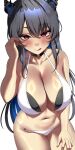  1girl :q alternate_costume bikini black_choker black_hair blue_hair blush breasts choker cleavage colored_inner_hair commentary english_commentary halterneck hand_up highres hololive hololive_english large_breasts lessone long_hair looking_at_viewer mole mole_under_eye multicolored_hair navel nerissa_ravencroft o-ring o-ring_bikini o-ring_bikini_bottom paid_reward_available purple_eyes sidelocks simple_background solo stomach swimsuit tongue tongue_out very_long_hair virtual_youtuber white_background white_bikini 