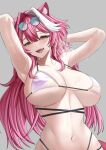  1girl animal_ears aqua-tinted_eyewear armpits arms_behind_head arms_up bare_shoulders bikini blush breasts collarbone eyeshadow eyewear_on_head fangs gradient_bikini grey_background hair_intakes heavy_breathing highres hololive hololive_english large_breasts long_hair looking_at_viewer makeup multi-strapped_bikini_top multicolored_hair navel open_mouth panther_ears panther_girl pink_bikini pink_eyeshadow pink_hair raora_panthera si_farid simple_background skindentation smile solo stomach streaked_hair sunglasses sweat swimsuit teeth tinted_eyewear two-tone_hair upper_teeth_only virtual_youtuber yellow_eyes 
