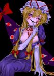  1girl blonde_hair bow breasts choker commentary_request dress elbow_gloves frilled_choker frills gap_(touhou) gloves hair_bow hat highres large_breasts long_hair looking_at_viewer mob_cap multiple_hair_bows open_mouth purple_dress purple_eyes red_bow red_ribbon ribbon sanagi2naritai4 sitting sleeve_bow smile solo touhou white_gloves white_hat yakumo_yukari 