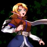  1girl arm_warmers black_background blonde_hair blue_skirt breasts brown_shirt commentary_request cowboy_shot fangs green_eyes holding holding_mallet looking_at_viewer mallet medium_breasts mizuhashi_parsee open_mouth pointy_ears sash shirt short_hair short_sleeves skirt smile solo splatter teeth touhou upper_teeth_only white_sash yokozuna_iwashi 