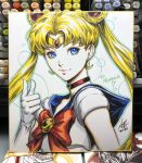  1girl art_tools_in_frame bishoujo_senshi_sailor_moon blonde_hair blue_sailor_collar blush bow choker closed_mouth commentary crescent crescent_choker crescent_earrings earrings english_commentary gloves gold_tiara highres jewelry long_hair looking_at_viewer magical_girl marker_(medium) photo_(medium) red_bow red_choker sailor_collar sailor_moon sailor_senshi_uniform shikishi shirt solo stanley_lau tiara traditional_media tsukino_usagi twintails upper_body white_gloves white_shirt 