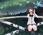  album_cover bow brown_eyes brown_hair chair cover headphones long_hair mille_(dieci) night open_mouth original school_uniform sitting skirt sky socks solo vocaloid 