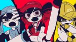  3girls akita_neru alrapple baseball_bat baseball_cap black_hair blonde_hair blue_background blue_eyes blue_hair blue_shirt color_coordination column_lineup drill_hair fang fingerless_gloves gloves hair_between_eyes hat hatsune_miku holding holding_baseball_bat jacket jewelry kasane_teto letterman_jacket multicolored_hair multiple_girls open_mouth pendant red_background red_eyes red_gloves red_hair red_shirt shirt side_ponytail skin_fang synthesizer_v thick_eyelashes triple_baka_(group) twin_drills twintails two-tone_hair upper_body utau vocaloid yararara_(synthesizer_v) yellow_background yellow_eyes yellow_gloves yellow_shirt 