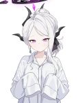  1girl absurdres alternate_costume black_halo black_horns blue_archive blush borrowed_clothes breasts chinese_commentary commentary_request demon_horns earrings halo highres hina_(blue_archive) hina_(dress)_(blue_archive) horns jewelry long_hair looking_at_viewer multiple_horns official_alternate_hairstyle oversized_clothes oversized_shirt purple_eyes shirt simple_background sleeves_past_fingers sleeves_past_wrists small_breasts solo upper_body white_background white_hair white_shirt xingyun_fankic 