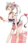  1girl absurdres ahoge animal_collar animal_ear_fluff animal_ears bell belt bow breasts cat_ears cat_girl cat_tail cleavage collar commentary crop_top denim denim_shorts fang feet_out_of_frame fingernails food frilled_shorts frills grey_hair hair_bell hair_intakes hair_ornament hairclip hand_on_own_knee highres holding holding_food holding_popsicle ikky innertube jingle_bell large_breasts leaning_forward light_blush long_fingernails looking_at_viewer maro_(neneko_mashiro) micro_shorts mole mole_on_breast multicolored_hair nail_polish neck_bell neneko_mashiro open_mouth pink_belt pink_bow popsicle red_eyes red_hair red_nails shorts side_ponytail simple_background smile solo standing star_(symbol) star_sticker stellive sticker sticker_on_arm sticker_on_face strap_slip streaked_hair suitcase swim_ring tail tail_bow tail_ornament thigh_belt thigh_strap untranslatable_commentary v-shaped_eyebrows virtual_youtuber watermelon_bar white_background x_hair_ornament 