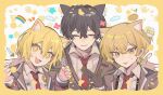  1girl 2boys :3 animal_ear_fluff animal_ears black_gloves black_hair black_jacket blonde_hair border cat_ears chinese_commentary clenched_hand closed_eyes collared_shirt commentary_request don_quixote_(project_moon) flower gloves hatching highres jacket kemonomimi_mode lcb_uniform_(project_moon) limbus_company long_sleeves looking_at_viewer multiple_boys necktie nervous_sweating open_mouth potato project_moon rainbow red_necktie shirt short_hair simple_background sinclair_(project_moon) south_ac sparkling_eyes sweat sword upper_body watermark weapon white_background white_shirt wings yellow_border yellow_eyes yi_sang_(project_moon) 