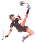 1girl 2026_fifa_world_cup apex_legends artist_name ball black_gloves black_hair black_lips black_nails black_shirt bracelet braid breasts character_name cleats clenched_hand copyright_name country_connection earrings elijah_just fingerless_gloves gloves highres jewelry joong_beak kicking looking_up mad_maggie_(apex_legends) medium_breasts midair new_zealand open_hand orange_eyes pink_shoes shirt shoes soccer_ball soccer_uniform solo sportswear v-shaped_eyebrows white_background world_cup 