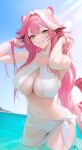  1girl absurdres animal_ears bare_shoulders bikini blue_sky blush breasts choker cleavage collarbone commentary day english_commentary eyelashes eyeshadow grin hair_intakes highres hololive hololive_english jewelry large_breasts long_hair looking_at_viewer makeup mountainous_horizon multicolored_hair navel necklace ocean oikomia panther_ears panther_girl panther_tail pearl_necklace pink_eyeshadow pink_hair pink_lips pink_tail raora_panthera sarong signature sky smile solo stomach streaked_hair swimsuit tail thighs two-tone_hair virtual_youtuber wading water white_bikini white_choker white_hair white_sarong yellow_eyes 