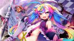  1girl absurdres blue_hair breasts censored clothing_cutout commentary_request desumakina dress eye_trail fang gradient_hair halo heart heart-shaped_pupils highres light_trail long_hair looking_at_viewer luminaria_pro multicolored_hair navel no_panties ochite_miro pink_hair purple_hair rainbow_hair skin_fang small_breasts solo symbol-shaped_pupils tape_censor thighhighs very_long_hair virtual_youtuber 