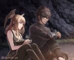  1boy 1girl belt black_bodysuit black_hair black_pants black_sweater blue_eyes bodysuit breast_tattoo breasts brown_eyes brown_hair cleavage commentary_request cup dark-skinned_male dark_skin eunie_(xenoblade) feathered_wings from_side glasses head_wings highres holding holding_cup knees_up large_breasts long_hair looking_ahead night on_ground outdoors pants short_hair sitting sleeveless sleeveless_bodysuit sparks sweater taion_(xenoblade) tattoo turtleneck turtleneck_sweater uzumaki_(skydirt) white_wings wings xenoblade_chronicles_(series) xenoblade_chronicles_3 