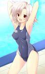  alternate_color arena_(company) arms_behind_head arms_up breasts competition_swimsuit covered_nipples hizuki_aki md5_mismatch medium_breasts one-piece_swimsuit red_eyes short_hair silver_hair smile solo swimsuit 