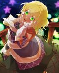  1girl absurdres arm_warmers black_skirt blonde_hair blush brown_shirt commentary_request daiwa_uho danmaku green_eyes half_updo hands_on_own_cheeks hands_on_own_face highres looking_at_viewer mizuhashi_parsee open_mouth railing river sash shirt short_hair short_sleeves skirt smile solo touhou white_sash 