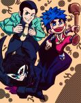  3boys amamiya_ren arsene_lupin_iii atlus batchgooya black_coat black_hair blue_hair coat coin commentary_request crossover fishnets ganbare_goemon geta gloves goemon gold_coin green_jacket highres holding holding_smoking_pipe jacket japanese_clothes joker_(persona_5) konami lupin_iii makeup mask multiple_boys necktie ninja open_mouth persona persona_5 phantom_thief rogue smile smoking_pipe spiked_hair teeth thick_eyebrows thief 