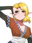  1girl black_bridal_gauntlets blonde_hair breasts bridal_gauntlets brown_shirt cleavage collarbone commentary_request green_eyes grin highres looking_at_viewer medium_breasts mizuhashi_parsee ok_sign ok_sign_over_eye pointy_ears sash shirt short_hair short_sleeves simple_background smile solo touhou upper_body white_background white_sash yokozuna_iwashi 
