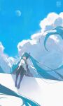  1girl absurdly_long_hair absurdres aqua_eyes aqua_hair aqua_necktie aqua_skirt artist_name black_boots boots cloud collared_shirt cumulonimbus_cloud detached_sleeves double-parted_bangs floating_hair hair_between_eyes hair_ornament hatsune_miku highres long_hair moon necktie shirt sin_090 sitting skirt sky sleeveless sleeveless_shirt solo sparkle thigh_boots twintails twitter_username very_long_hair vocaloid watermark white_shirt 