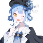  1girl :d ;d bird_hat_ornament black_bow black_bowtie black_capelet black_hat blue_hair blue_necktie bow bowtie braid braided_hair_rings capelet collared_shirt commentary_request deerstalker grey_vest hair_bow hair_rings hat hat_bow highres long_sleeves looking_at_viewer m_picture29 mahou_shoujo_no_majo_saiban moaning necktie one_eye_closed portrait shirt short_hair simple_background smile solo tachibana_sherry vest white_background white_shirt yellow_eyes 
