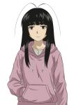  1girl antenna_hair black_eyes black_hair blunt_bangs english_commentary expressionless hand_in_pocket highres hime_cut hood hoodie jimiko kano_kino long_hair long_sidelocks looking_at_viewer no_pupils original parody pink_hoodie sidelocks simple_background solo style_parody suwa_machi_(kano_kino) thick_eyebrows white_background 