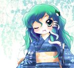  blue_kimono fang green_eyes green_hair hair_tubes highres japanese_clothes kimono kochiya_sanae obi one_eye_closed sash snake solo touhou yukata yume_shokunin 