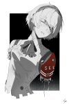  1girl aigis_(persona) android breasts commentary greyscale hairband highres joints monochrome one_eye_closed persona persona_3 ribbon robot_girl robot_joints s.e.e.s sedith_cd short_hair simple_background solo spot_color watermark 