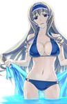  aqua_sarong bikini blonde_hair blue_bikini blue_eyes blue_hairband breasts cecilia_alcott cleavage drill_hair fura hairband highres infinite_stratos large_breasts long_hair navel sarong sarong_removed solo swimsuit wading water 