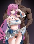  1boy 1girl absurdres arm_up armpit_crease artist_name bare_shoulders black_panties blacked_female blush breast_tattoo breasts character_name clothed_female_nude_male clothes_lift colored_inner_hair commentary commission cowboy_shot dark-skinned_male dark_skin detached_sleeves dorothy_(nikke) english_commentary goddess_of_victory:_nikke hair_ornament hetero highleg highleg_panties highres huge_breasts interracial long_hair looking_at_viewer microphone midriff miniskirt multicolored_hair navel navel_piercing nude one_side_up ong_doi open_mouth panties piercing pink_hair pixiv_commission purple_eyes purple_hair queen_of_spades_symbol race_fetishism race_fetishism_symbol simple_background skirt skirt_lift spade_(shape) spade_tattoo tattoo thighs thong thong_panties twitter_username underwear very_dark_skin very_long_hair wide_sleeves 