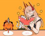  1girl absurdres anger_vein annoyed blonde_hair bra chainsaw chainsaw_man commentary creature cross-shaped_pupils demon_girl demon_horns eating english_commentary food fruit hair_between_eyes highres horns long_hair long_hair_between_eyes meowy_(chainsaw_man) pochita_(chainsaw_man) power_(chainsaw_man) red_horns sailen0 sharp_teeth simple_background symbol-shaped_pupils teeth underwear watermelon yellow_eyes 
