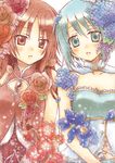  bare_shoulders blue_eyes blue_hair cape flower hair_down hair_ornament hydrangea kodou_mikoto long_hair magical_girl mahou_shoujo_madoka_magica miki_sayaka multiple_girls red_eyes red_flower red_hair red_rose rose sakura_kyouko short_hair 