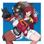  2girls animal_helmet bearcatmon belt black_gloves black_helmet black_shirt blue_background blunt_bangs border breasts brown_hair clawed_gloves collarbone commentary crop_top dark-skinned_female dark_skin digimon digimon_(creature) digimon_beatbreak gloves green_belt green_eyes grey_hair grin helmet highres invisible_chair jacket knee_pads locked_arms long_hair long_sleeves looking_at_viewer medium_breasts midriff multicolored_hair multicolored_jacket multiple_girls open_clothes open_jacket orange_hair orange_sleeves red_eyes red_jacket sakuya_reina sharp_teeth shirt short_hair short_shorts shorts sidelocks single_knee_pad sitting smile spiked_gloves spottylen star_(symbol) star_print teeth two-tone_hair two-tone_jacket v very_long_hair white_border white_jacket white_shorts zipper zipper_pull_tab 