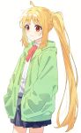  1girl ahoge black_skirt blonde_hair bocchi_the_rock! bow bowtie closed_mouth cowboy_shot detached_ahoge from_side green_jacket hands_in_pockets highres hofumaso hood hood_down ijichi_nijika jacket long_hair long_sleeves open_clothes open_jacket red_bow red_bowtie red_eyes shirt side_ponytail sidelocks simple_background skirt smile solo standing turning_head white_background 