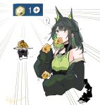  1girl ? arknights bare_shoulders black_hair black_jacket black_tail bright_pupils colored_inner_hair commentary_request cropped_torso doctor_(arknights) eating emphasis_lines ete_(vacation_ete) game_screenshot_inset green_eyes green_hair green_shirt highres holding jacket medium_hair mon3tr_(arknights) multicolored_hair off_shoulder originite_prime_(arknights) partial_commentary screenshot_inset shirt sleeves_past_fingers sleeves_past_wrists solo spoken_question_mark tail white_pupils 