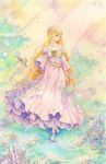  barefoot blonde_hair crystal dress eri-noa flower hair_ornament jewelry long_hair original pale_color petals solo staff traditional_media wading water watercolor_(medium) white_dress 