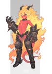  1boy :d absurdres armor armored_boots black_sclera boots collar colored_eyelashes colored_sclera colored_skin commentary_request demon_boy demon_horns demon_tail faulds fiery_hair fire flame-tipped_tail full_body gauntlets highres horns long_hair looking_at_viewer metal_collar navel orange_hair original pointy_ears red_skin slit_pupils smile solo standing tachi-e tail two-tone_background user_cmt0104 very_long_hair yellow_eyes 