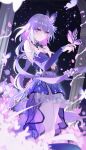  1girl absurdres aki_maple bare_shoulders breasts bug butterfly butterfly_on_hand castorice_(gossamer_flutter)_(honkai:_star_rail) castorice_(honkai:_star_rail) closed_mouth column commentary cowboy_shot dress elbow_gloves fingerless_gloves fingernails flower gloves hair_between_eyes hand_up highres honkai:_star_rail honkai_(series) long_hair medium_breasts nail_polish official_alternate_costume pillar pointy_ears purple_butterfly purple_dress purple_eyes purple_flower purple_gloves purple_hair purple_nails solo strapless strapless_dress very_long_hair 