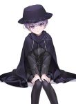  1boy absurdres black_cape black_hat black_jacket black_pants black_pantyhose cape commentary_request commission english_text frilled_hat frills hands_on_own_legs hat head_tilt highres jacket kn0309dg korean_text looking_at_viewer male_focus master_detective_archives:_rain_code pants pantyhose purple_eyes purple_hair simple_background sitting solo sweat tsurime watermark white_background yuma_kokohead 