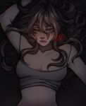  1girl arm_up artist_name blush breasts brown_hair cleavage dark_background grey_shirt grey_tank_top hair_between_eyes highres large_breasts lips long_hair looking_at_viewer midriff navel nose sarcoma shirt solo spaghetti_strap tank_top 
