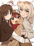  3girls ahoge awa_subaru ayataka_syumimi black_capelet brown_hat capelet closed_mouth commentary girls_band_cry grey_eyes grey_hair grey_shirt group_hug hat hug iseri_nina kawaragi_momoka long_hair long_sleeves multiple_girls one-hour_drawing_challenge one_eye_closed parted_bangs purple_eyes red_eyes red_scarf scarf shirt simple_background untranslatable_commentary white_background 