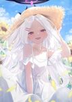  1girl absurdres alternate_costume bare_shoulders black_horns blue_archive blue_sky blurry blurry_background commentary day demon_horns dress falling_petals field flower flower_field hair_ornament hairclip halo hand_on_headwear hat highres hina_(blue_archive) holding_own_dress horns kuchisode multiple_horns open_mouth outdoors parallel_hairclips petals purple_eyes purple_halo sky smile solo straw_hat sundress sunflower sunflower_field upper_body white_dress white_hair 