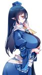 1girl armor arms_under_breasts blue_dress blue_hair blue_hat breasts commentary_request dress from_side hat highres iizunamaru_megumu large_breasts long_hair long_sleeves pauldrons pointy_ears raptor7 red_eyes shoulder_armor shoulder_guard simple_background single_pauldron solo tokin_hat touhou white_background wide_sleeves 