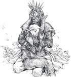  1boy 1girl commentary couple crown dragon_age:_the_veilguard elf emmrich_volkarin english_commentary flower glowing glowing_eyes greyscale hetero highres long_hair monochrome pointy_ears rook_(dragon_age) sitting sitting_on_lap sitting_on_person skeleton svanha undead 
