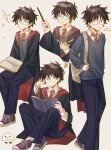  bag book child commentary_request glasses green_eyes happy harry_potter harry_potter_(series) hedwig highres hogwarts_school_uniform kasa_(user_rekp7745) magic necktie on_floor school_uniform shirt white_shirt wizarding_world 