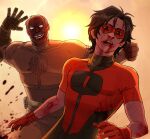  2boys backlighting balding black_hair blood blood_on_face bodysuit canon_event commentary conquest_(invincible) conquest_behind_oliver_(meme) english_commentary eye_mask facial_hair gloves highres imminent_attack invincible_(series) male_focus mask meme multiple_boys mustache old old_man oliver_grayson prosthesis prosthetic_arm red_bodysuit red_gloves red_mask rudoaero scene_reference short_hair single_blank_eye sunlight superhero_costume viltrumite_clothes 