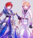  2girls ahoge armor armored_dress artoria_pendragon_(fate) belt black_belt black_corset black_gloves black_shirt blonde_hair blue_bow blue_dress bow braid braided_bun breastplate closed_mouth commentary corset cosplay costume_switch cowboy_shot crossover dress excalibur_(fate/stay_night) fate/stay_night fate_(series) floating_hair full_armor gauntlets gloves green_eyes grey_armor grey_background hair_between_eyes hair_bow hair_bun hand_up hands_up highres holding holding_sword holding_weapon jacket juliet_sleeves long_dress long_hair long_sleeves looking_at_viewer low_ponytail multiple_girls nanfangtaodong open_clothes open_jacket open_mouth pants ponytail puffy_sleeves purple_bow purple_eyes purple_jacket re:zero_kara_hajimeru_isekai_seikatsu red_hair saber_(fate) saber_(fate)_(cosplay) shirt short_hair sidelocks simple_background single_braid standing sword theresia_van_astrea theresia_van_astrea_(cosplay) two-sided_fabric two-sided_jacket very_long_hair weapon white_jacket white_pants 