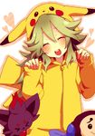  &gt;_&lt; bad_id bad_pixiv_id blush closed_eyes cosplay gen_1_pokemon heart highres n_(pokemon) open_mouth pikachu pikachu_(cosplay) pokemon pokemon_(creature) solo yugake_(mrnmrm) 